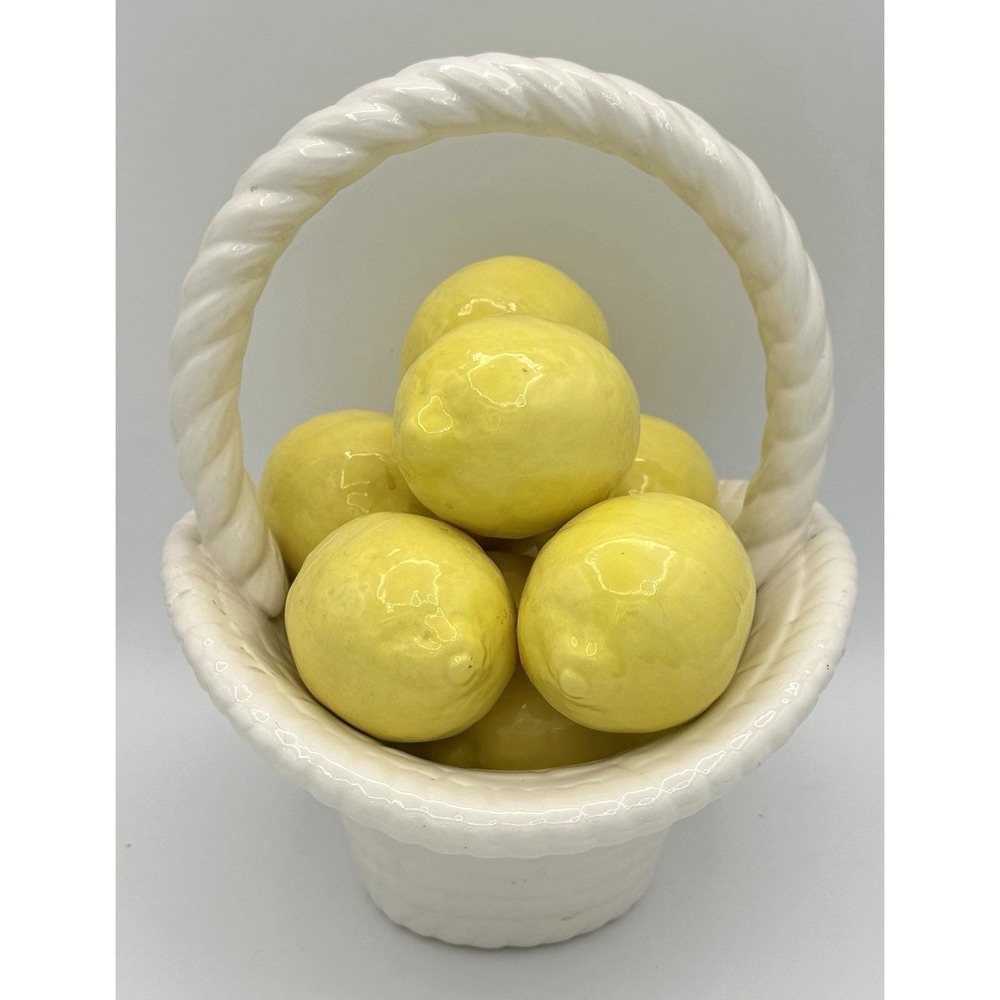 Italian Ceramic White Basket with Lemons Fruit Vintage 10" Basketweave EUC